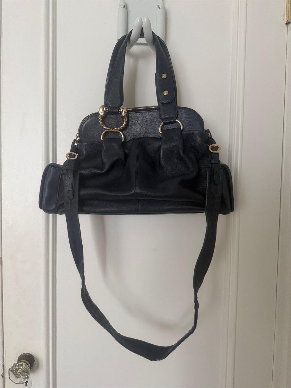 Bulgari Navy Leather Satchel with Gold Hardware